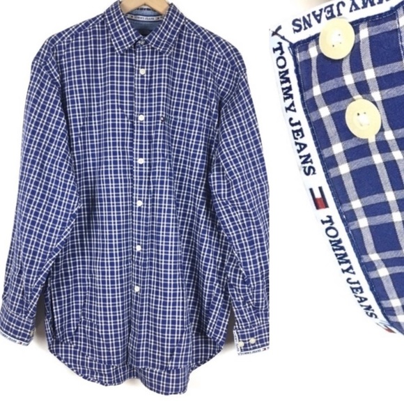 TOMMY JEANS Vintage Y2K Button Up Shirt Long Sleeve Plaid Cuff Logo Size Medium - Picture 1 of 9